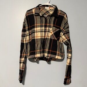 Weekends Everyday Women's L Black Copper Plaid Cropped Flannel Shirt